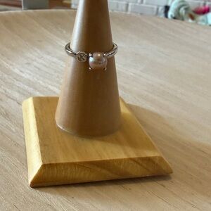 Elegant Pearl and Crystal Silver Adjustable Ring